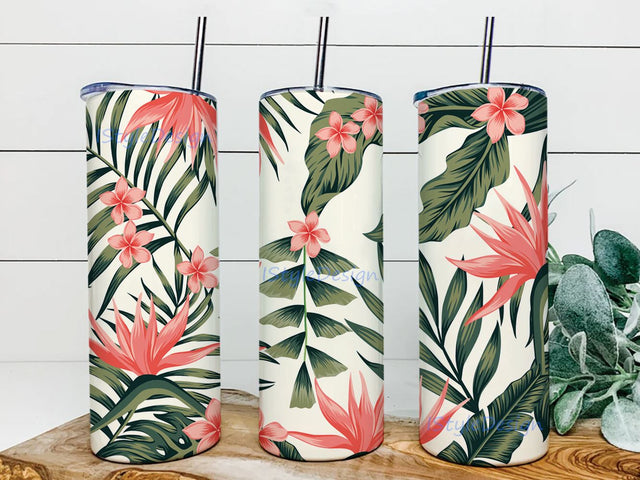 Palm Tree Leaves and Pink Flowers 20 oz Skinny Tumbler Sublimination Wrap, Full Tumbler Wrap, Tropical Tumbler, Beach Tumbler, Boho Tumbler Sublimation iStyleDesign 