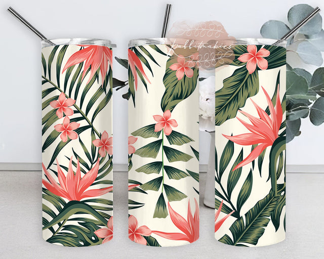 Palm Tree Leaves And Pink Flowers 20oz Skinny Tumbler, Tropical Leaves Tumbler Wrap, Floral Sublimation Design, Digital Download Sublimation Rabbitmakies 