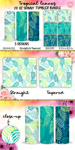 Palm Tree Leaves Tumbler, Tropical tumbler, Floral tumbler, Summer Tumbler Wrap Bundle for 20 oz Skinny Sublimation Wrap Design. Straight and Tapered Sublimation Wrap Design. PNG file Sublimation KatineDesign 