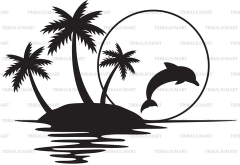 Palm Tree Sunset and Dolphin SVG TribaliumArtSF 