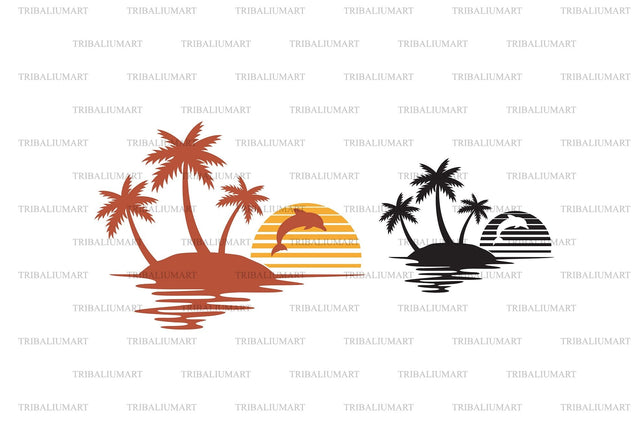 Palm Tree Sunset and Dolphin SVG TribaliumArtSF 