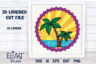 Palm Tree SVG, 3d Layered Sunset SVG, Tropical SVG Tree. 3D Paper Elinorka 