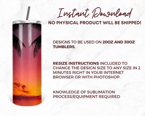 Palm Tree Tumbler Designs Png, Sunset 20oz Skinny Tapered & Straight Seamless Tumbler Sublimation, Waterslide Design PNG Sublimation TumblersByPhill 