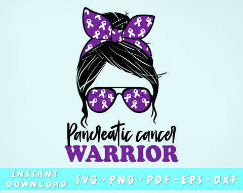 Pancreatic Cancer Warrior SVG, Pancreas Cancer Messy Bun SVG, Purple Cancer SVG, Pancreatic Cancer Survivor SVG, Pancreatic Cancer Warrior PNG SVG HappyDesignStudio 