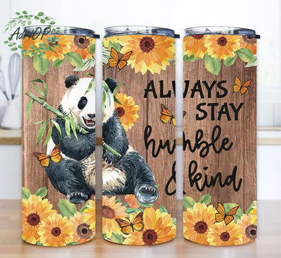 Panda Always Stay Humble And Kind 20oz Skinny Tumbler Png, Sunflower Panda Tumbler, Panda Holding Sunflower Tumbler, Watercolor Sunflower Animal Png Sublimation AdriOP 