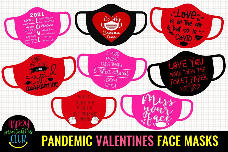 Pandemic Valentines Face Masks Clipart- Valentines Day Face Masks Sublimation Happy Printables Club 