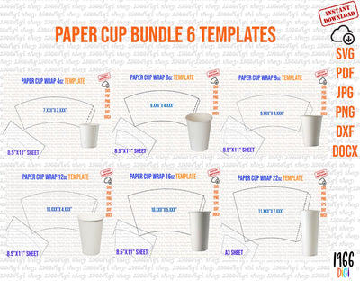 Paper Cup Bundle Template, 4oz, 8oz, 9oz, 12oz, 16oz, 22oz, Full Wrap, Styrofoam Coffee Cup, sublimation Template, Svg Png Pdf Eps Dxf SVG 1966digi 