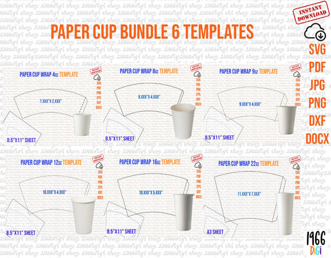 Paper Cup Bundle Template, 4oz, 8oz, 9oz, 12oz, 16oz, 22oz, Full Wrap, Styrofoam Coffee Cup, sublimation Template, Svg Png Pdf Eps Dxf SVG 1966digi 