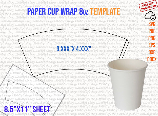 Paper Cup Template 8oz, 8 Ounce full wrap, Styrofoam Coffee Cup 8oz Template, for Cricut and Silhouette, instant download Png Pdf Eps Dxf SVG 1966digi 