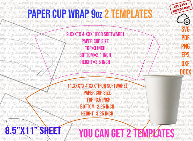 Paper Cup Template 9oz, 9 Ounce full wrap, Styrofoam Coffee Cup 9oz Template, for Cricut and Silhouette, instant download Png Pdf Eps Dxf SVG 1966digi 