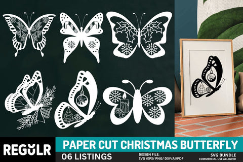 Paper Cut Christmas Butterfly SVG Bundle SVG Regulrcrative 