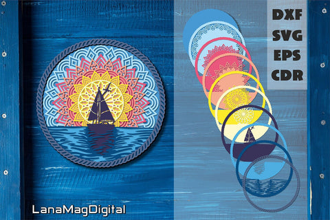 Paper cutting, Sea sunrise layered mandala svg, Boat on ocean waves svg 3D Paper LanaMagDigital 