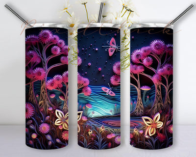 Paper Night Time Forest Landscape 20oz Skinny Tumbler Sublimation Design, Neon Mushrooms Tumbler, Forest Landscape Tumbler, Neon Sunset Forest Png Sublimation PixelChick 