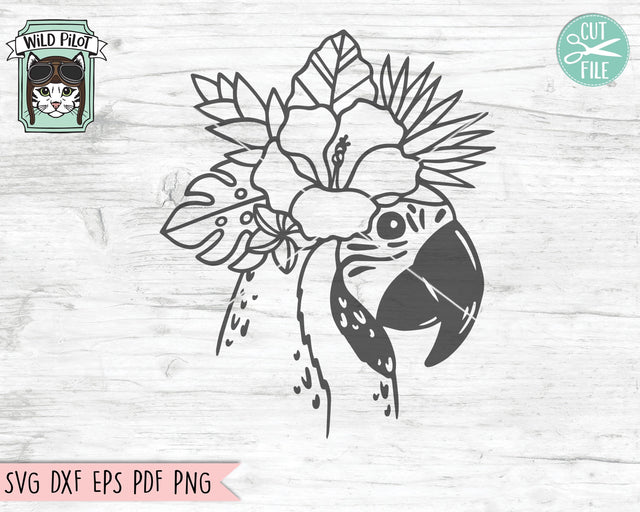 Parrot SVG, Parrot Cut File, Parrot Tropical Flowers svg, Hibiscus SVG, Tropical Leaves SVG, Summer svg, Tropical Floral svg, Vacation svg SVG Wild Pilot 