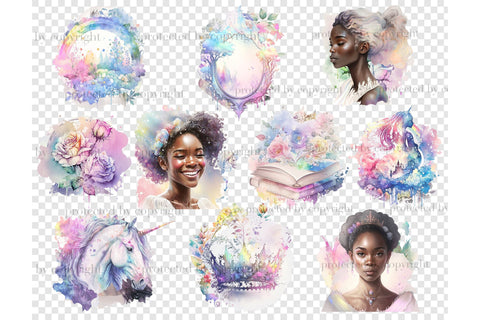 Pastel Black Princess Watercolor | Fantasy Clipart Bundle SVG GlamArtZhanna 