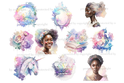 Pastel Black Princess Watercolor | Fantasy Clipart Bundle SVG GlamArtZhanna 