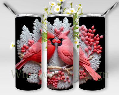 Pastel Colored Red Couple Cardinals 20oz Skinny Tumbler Png, Black And Pink Flowers Png, Snow Dropping Background Png, 3D Couple Red Cardinals Carved Flowers Png Sublimation WillowSageDesign 