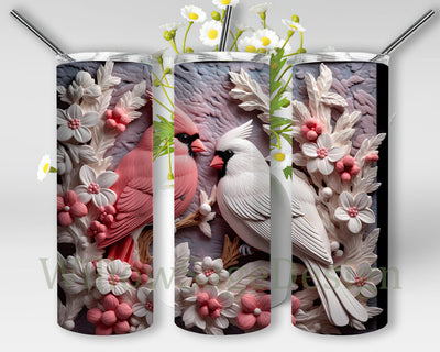 Pastel Colored Red Couple Cardinals 20oz Skinny Tumbler Png, White And Pink Flowers Png, Snow Dropping Background Png, 3D Couple Red Cardinals Carved Flowers Png Sublimation WillowSageDesign 