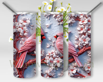 Pastel Colored Red Couple Cardinals 20oz Skinny Tumbler Png, White And Pink Flowers Png, Snow Dropping Background Png, 3D Couple Red Cardinals Carved Flowers Png Sublimation WillowSageDesign 