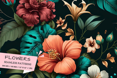 Pastel florals on a dark background, background with flowers Digital Pattern FloridPrintables 