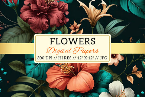 Pastel florals on a dark background, background with flowers Digital Pattern FloridPrintables 