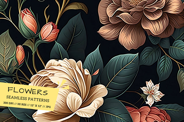 Pastel florals on a dark background, Colorful garden blooms Digital Pattern FloridPrintables 
