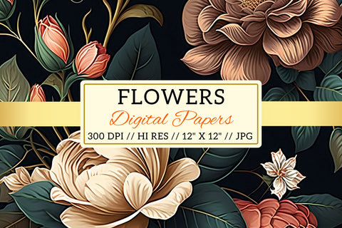 Pastel florals on a dark background, Colorful garden blooms Digital Pattern FloridPrintables 