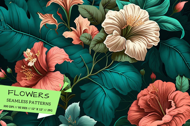Pastel florals on a dark background, Exotic Florals Digital Pattern FloridPrintables 