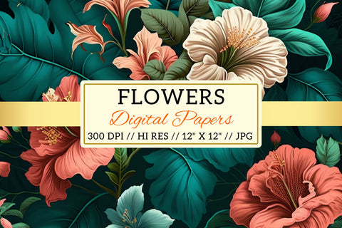Pastel florals on a dark background, Exotic Florals Digital Pattern FloridPrintables 