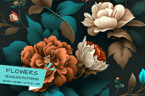 Pastel florals on a dark background, Summer Blooms Digital Pattern FloridPrintables 