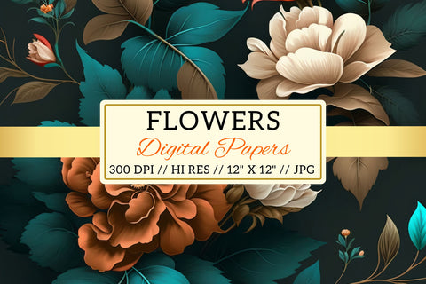 Pastel florals on a dark background, Summer Blooms Digital Pattern FloridPrintables 