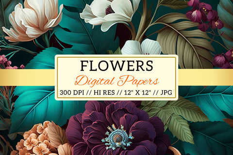 Pastel florals on a dark background, Summer Meadow Digital Pattern FloridPrintables 