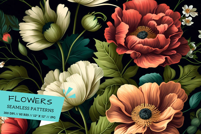 Pastel florals on a dark background, Summer Paradise Digital Pattern FloridPrintables 