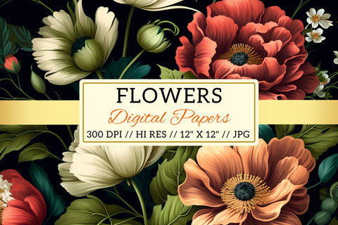 Pastel florals on a dark background, Summer Paradise Digital Pattern FloridPrintables 