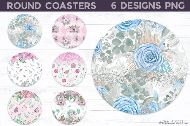 Pastel Flowers Coaster Bundle | Floral Round Coaster Sublimation WatercolorColorDream 