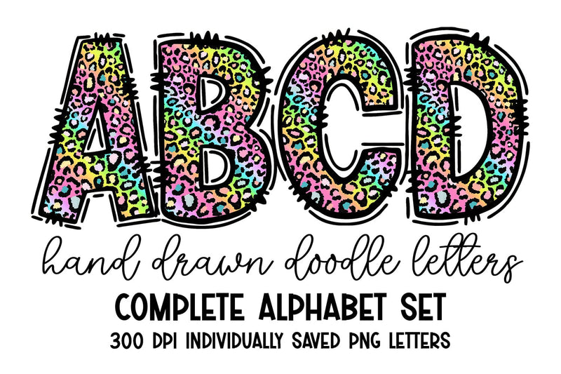 Pastel Gradient Leopard Neon Doodle Letters Alphabet Set Sublimation BijouBay 