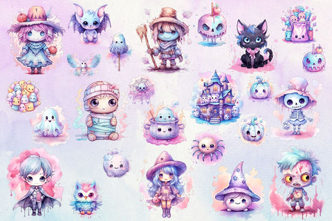 Pastel Kawaii Halloween Clipart Bundle, 25 Transparent PNG's Sublimation BijouBay 