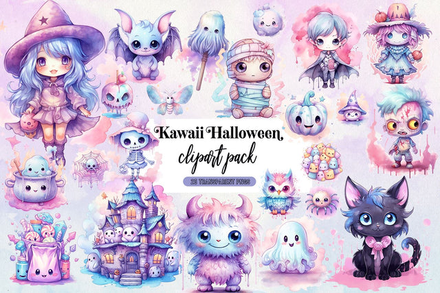 Pastel Kawaii Halloween Clipart Bundle, 25 Transparent PNG's Sublimation BijouBay 