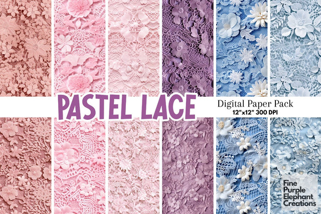Pastel Lace Digital Paper | Soft Colored Background Digital Pattern Fine Purple Elephant Creations 