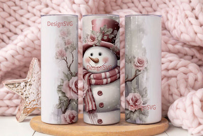 Pastel Pink Christmas Snowman 20 oz Skinny Tumbler Sublimation Design, Instant Digital Download PNG, Holiday Tumbler Wrap Sublimation DesignSVG 
