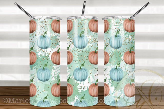 Pastel Pumpkins 20oz Skinny Tumbler Sublimation / Orange and Turquoise Sublimation Marlene Campos 