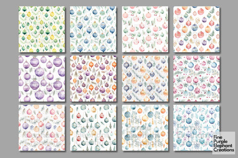 Pastel Watercolor Christmas Ornaments Digital Pattern Fine Purple Elephant Creations 