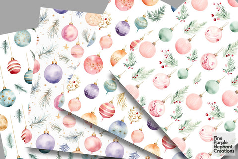 Pastel Watercolor Christmas Ornaments Digital Pattern Fine Purple Elephant Creations 