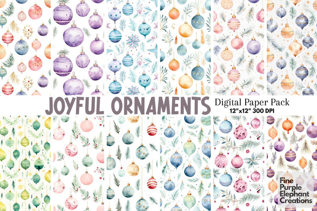Pastel Watercolor Christmas Ornaments Digital Pattern Fine Purple Elephant Creations 