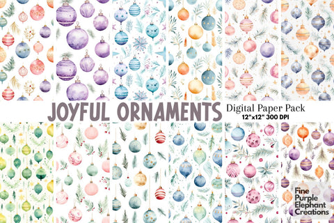 Pastel Watercolor Christmas Ornaments Digital Pattern Fine Purple Elephant Creations 