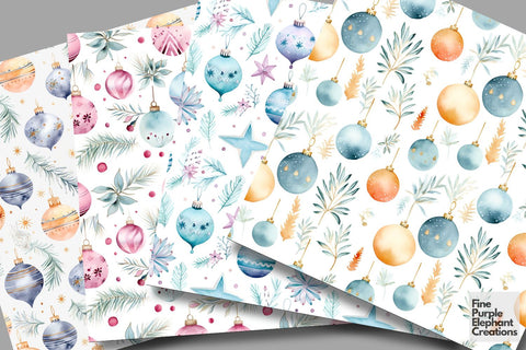 Pastel Watercolor Christmas Ornaments Digital Pattern Fine Purple Elephant Creations 