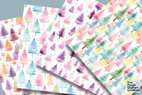 Pastel Watercolor Christmas Pine Trees Digital Pattern Fine Purple Elephant Creations 