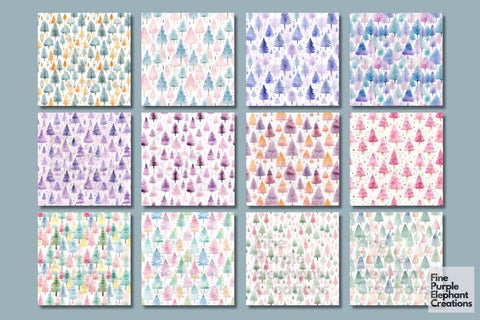 Pastel Watercolor Christmas Pine Trees Digital Pattern Fine Purple Elephant Creations 