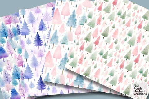 Pastel Watercolor Christmas Pine Trees Digital Pattern Fine Purple Elephant Creations 