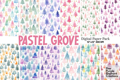 Pastel Watercolor Christmas Pine Trees Digital Pattern Fine Purple Elephant Creations 